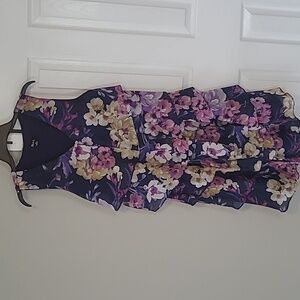 SLNY Floral Navy Purple Pink Gold Ruffel Dress